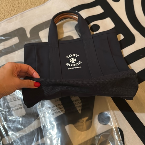 Brand New Tory Burch hand held canvas navy blue tote bag - Picture 8 of 12